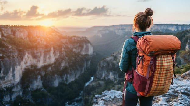 Solo hiker with a large backpack overlooks a breathtaking canyon at sunrise, embracing the spirit of adventure.