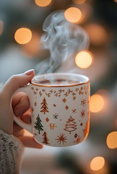 A hand holds a festive mug filled with a warm beverage, surrounded by twinkling holiday lights during winter.