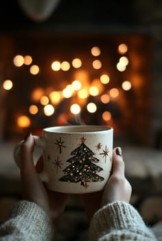 A person enjoys a warm drink from a decorated cup while relaxing by a cozy fireplace filled with glowing lights.