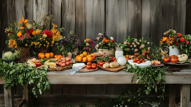 A rustic wooden table adorned with a colorful array of fresh vegetables, fruits, and flowers, celebrating the harvest.