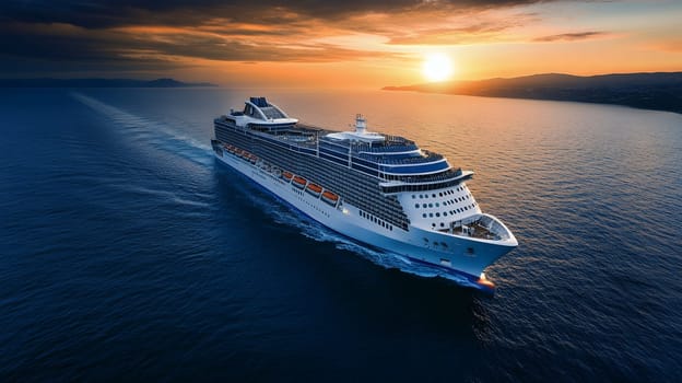 A luxurious cruise ship sails on the ocean under a breathtaking sunset, capturing the essence of travel and leisure.