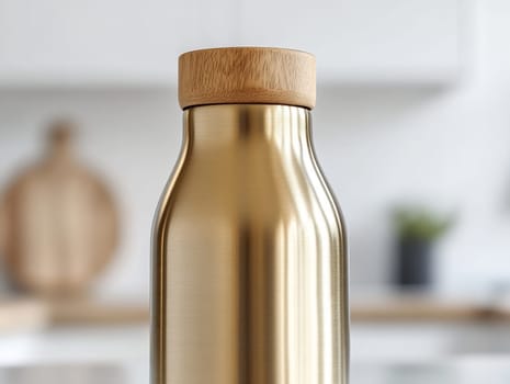 A polished metal water bottle with a wooden cap sits prominently on a kitchen counter, showcasing its modern design and functionality.