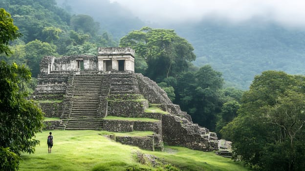 A solitary traveler approaches a mysterious ancient Mayan temple nestled in a dense jungle landscape.