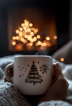A person holds a decorated mug while relaxing under a blanket, with a beautifully lit Christmas tree in the background.