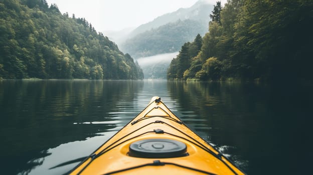 A yellow kayak glides through a misty lake surrounded by lush forest, creating a tranquil escape in nature.
