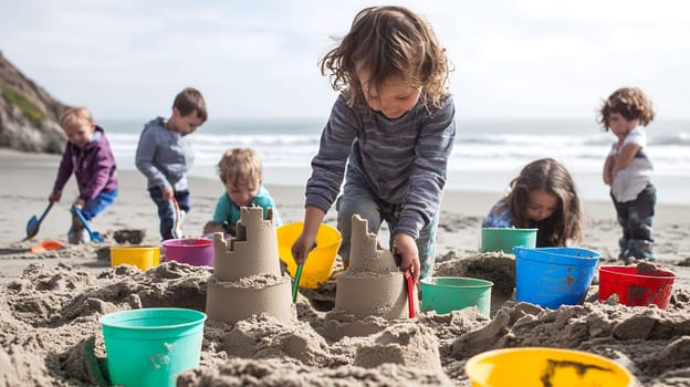 A group of children joyfully build sandcastles on a sunny beach, surrounded by buckets and shovels.
