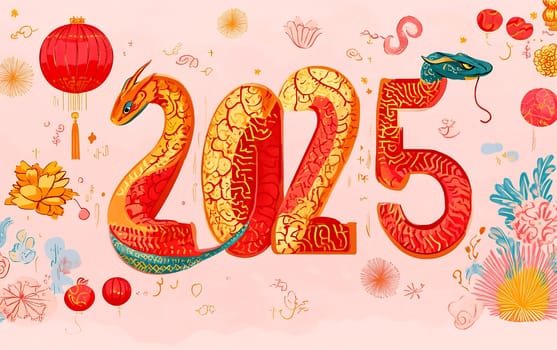 A colorful illustration celebrating the Lunar New Year, featuring a snake, traditional lanterns, and the year 2025 prominently displayed.