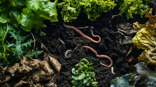 Earthworms wriggle through rich soil, surrounded by lush greens and decaying leaves, highlighting natural composting.