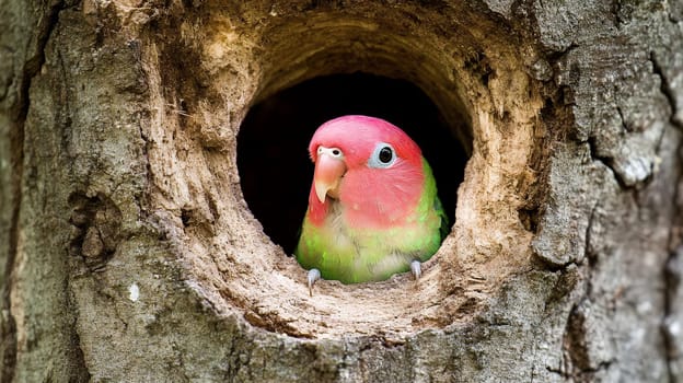 A rose-ringed parakeet peeks out from a tree hollow, showcasing its vivid green and pink feathers.