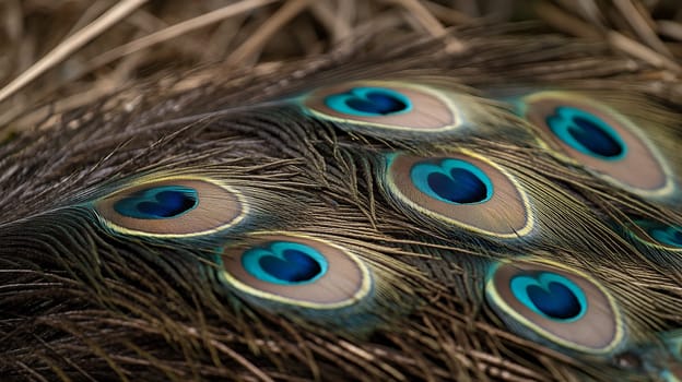 A close-up view of peacock feathers, revealing the intricate patterns and vibrant colors of this majestic bird.