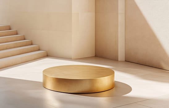 A sleek golden circular podium sits in a bright, minimalist interior with soft light and beige walls, enhancing the serene atmosphere.