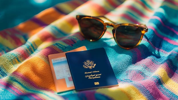 Sunglasses and a passport rest on a colorful beach towel, symbolizing travel and vacation readiness.