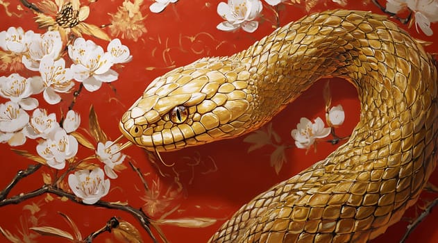 A striking golden snake slithers gracefully among beautiful white blossoms on a vivid red background, creating a captivating visual contrast.