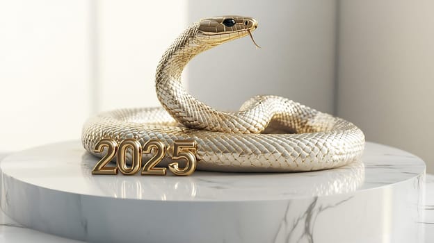 A shiny golden snake coils elegantly around a pedestal displaying the year 2025, creating a striking and symbolic centerpiece.