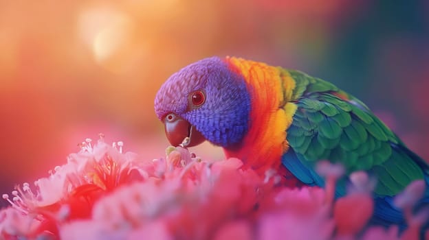 A colorful parrot perched among vibrant flowers, showcasing its bright plumage and lively surroundings.