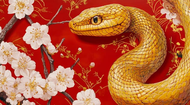 A vibrant, golden snake navigates through delicate white flowers on a rich red backdrop, showcasing a harmonious blend of colors.