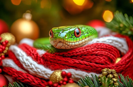 A vibrant green snake rests on red and white holiday decorations surrounded by Christmas ornaments and foliage.