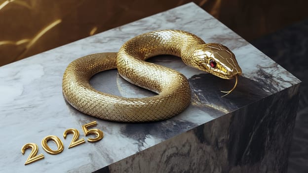 A detailed golden snake sculpture rests on a stylish marble base, showcasing its intricate design and shiny surface.