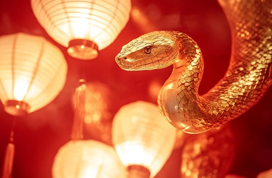 A stunning golden serpent is elegantly coiled around glowing lanterns, creating a mesmerizing ambiance during a festive celebration.