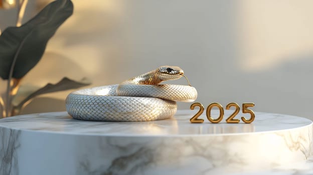 A coiled snake rests gracefully on a marble surface next to the shiny number 2025, creating a unique decorative display.