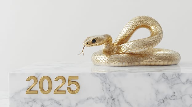A golden snake sculpture rests elegantly on a marble base displaying the year 2025, showcasing unique artistry and design.
