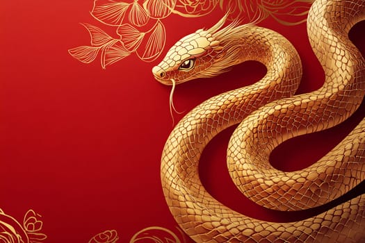 A majestic golden dragon curves elegantly against a vibrant red backdrop, surrounded by floral patterns, symbolizing strength and prosperity.