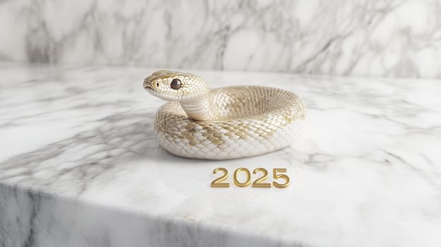 A white snake rests gracefully on a marble countertop, reflecting light and creating an artistic display with the year 2025.