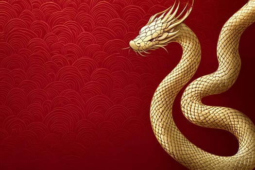 A golden dragon winds elegantly across a vibrant red backdrop, showcasing intricate scales and majestic features.