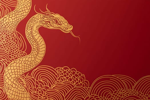 A detailed illustration of a golden dragon intertwined with waves against a vibrant red backdrop, symbolizing power and prosperity.