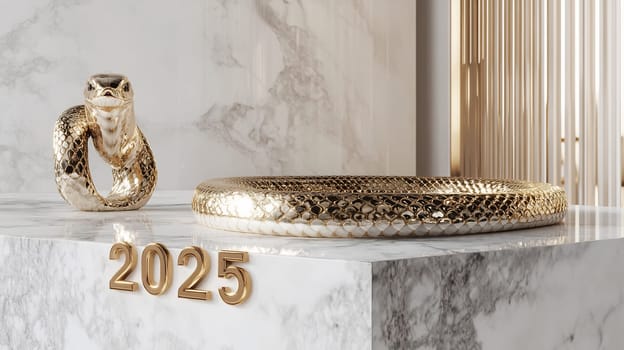 A golden snake sculpture and the number 2025 rest on a marble surface, blending art with a sophisticated ambiance.