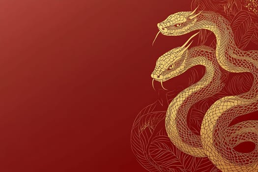 Two intricately designed golden serpents intertwine against a vibrant red backdrop, showcasing intricate details and a mythical vibe.