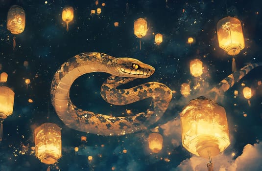 A large snake floats gracefully through a sea of illuminated lanterns at night, creating a mystical atmosphere in the sky.
