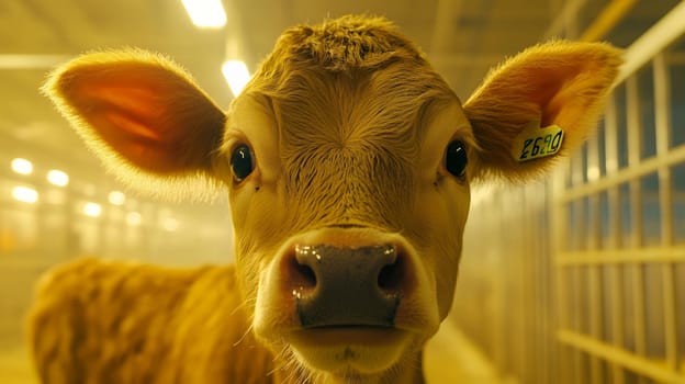 Close-up of a curious calf in a barn, highlighting its expressive eyes and soft fur under warm lighting.
