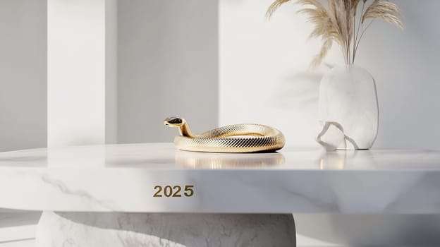 A gold snake sculpture rests on a sleek marble table featuring the year 2025, creating a stylish and modern aesthetic.