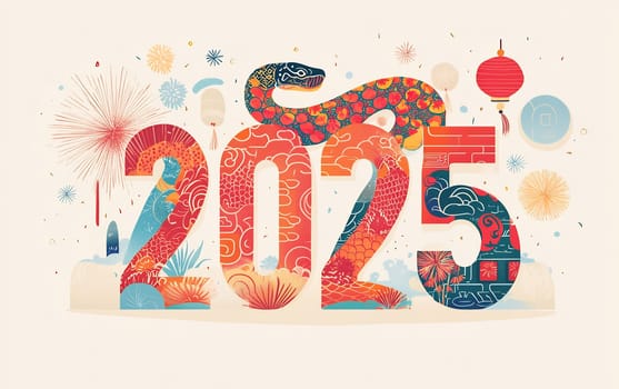 A vibrant design showcases the year 2025, featuring a decorative snake and festive elements for the Lunar New Year celebration.