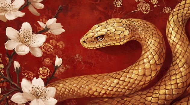 A striking golden snake slithers gracefully amongst delicate white flowers on a vibrant red background.