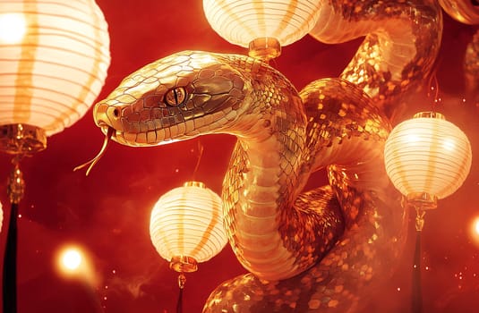 A vibrant, golden snake coils amidst glowing lanterns, creating an enchanting ambiance during a festive celebration.