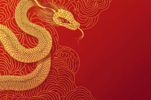 A golden dragon coils gracefully against a vibrant red background, venturing through swirling clouds, embodying strength and elegance.