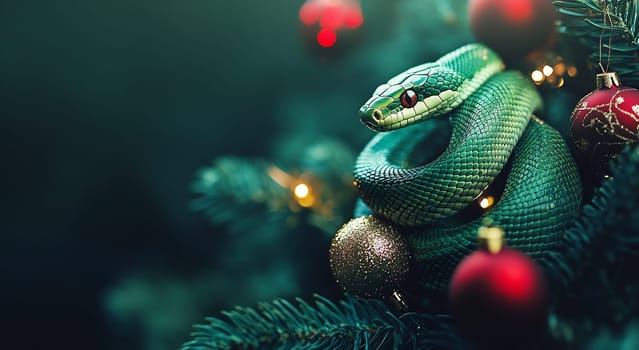 A green snake curled around a Christmas tree branch, surrounded by colorful ornaments and soft glowing lights in a festive setting.