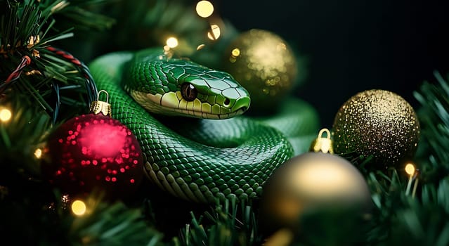A vibrant green snake weaves through colorful ornaments and festive lights on a Christmas tree, adding a unique touch to the holiday decor.
