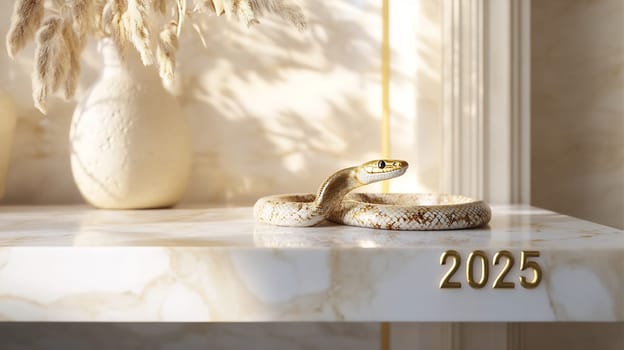 A beautiful snake rests on a marble shelf decorated with minimalist vases, showcasing a stylish interior for the year 2025.