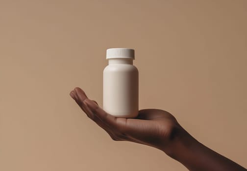 A hand holds a white supplement bottle against a neutral backdrop, emphasizing health and wellness in a minimalistic setting.