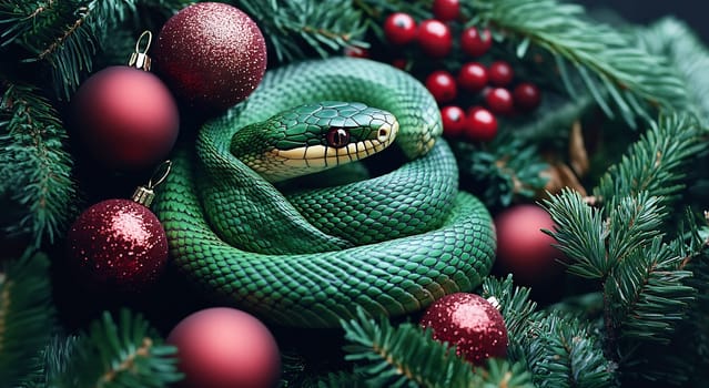 A vibrant green snake rests among Christmas decorations, blending with holiday foliage and ornaments, creating an unusual seasonal display.
