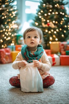 A young child sits on the floor, excitedly unwrapping gifts in a festive setting filled with Christmas lights and decorations.