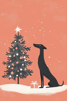 A black dog sits beside a decorated Christmas tree, gazing at a star on top while snowflakes gently fall around them.