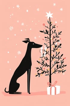 A black dog sits peacefully beside a decorated Christmas tree, gazing at the ornaments and wintery scene, creating a joyful holiday spirit.