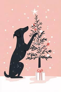 A playful dog enhances a small Christmas tree with ornaments against a soft pink background, celebrating the holiday spirit.