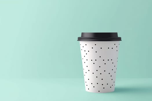 A white coffee cup with black dots sits on a mint green surface, highlighting its modern design and inviting warmth.