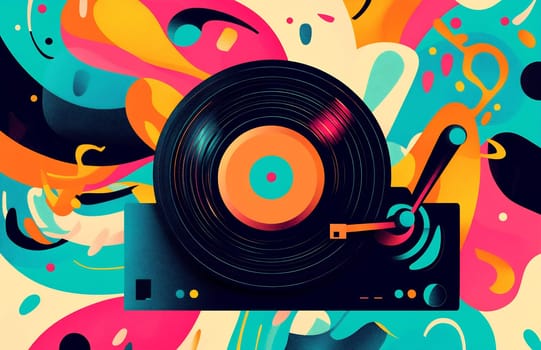 A vibrant abstract representation of a vinyl record player with bold colors and swirling patterns, evoking a sense of music and creativity.