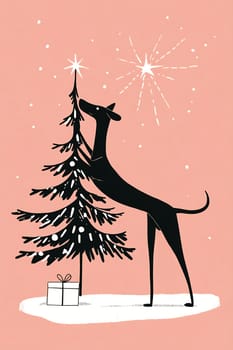 A black dog joyfully interacts with a Christmas tree while a gift sits below, all set against a pink winter backdrop.